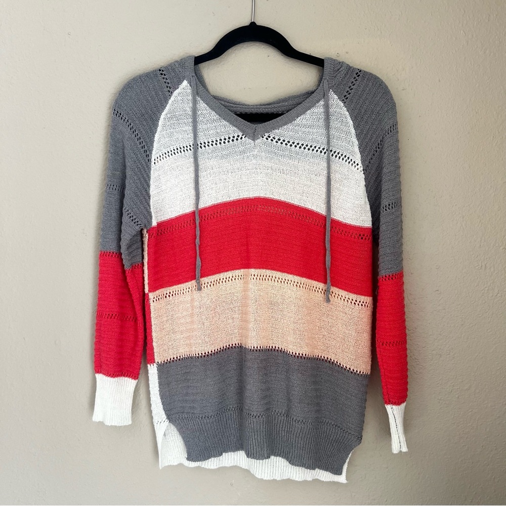 Striped Knit Sweater - Gray, Red, White